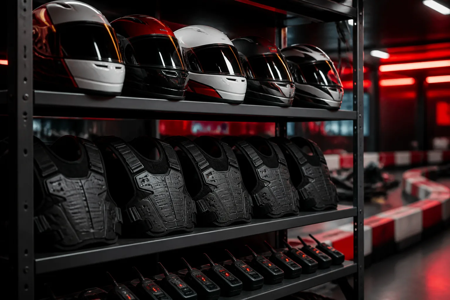 Apex Karting helmets and safety gear prepared for a session