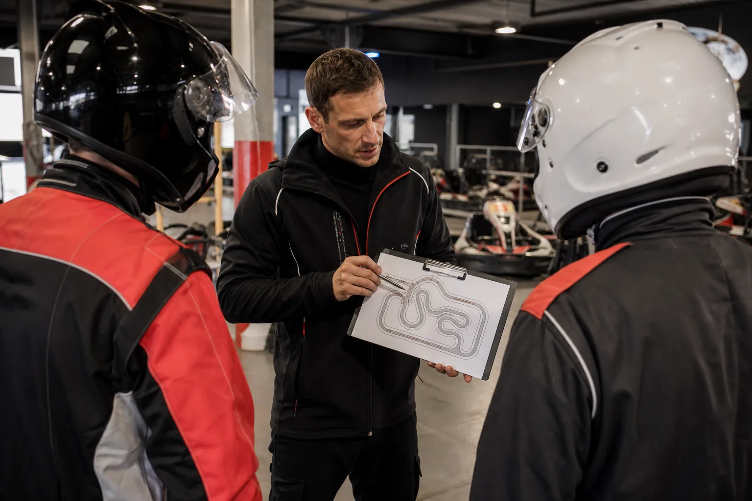 Apex Karting instructor briefing drivers before a race