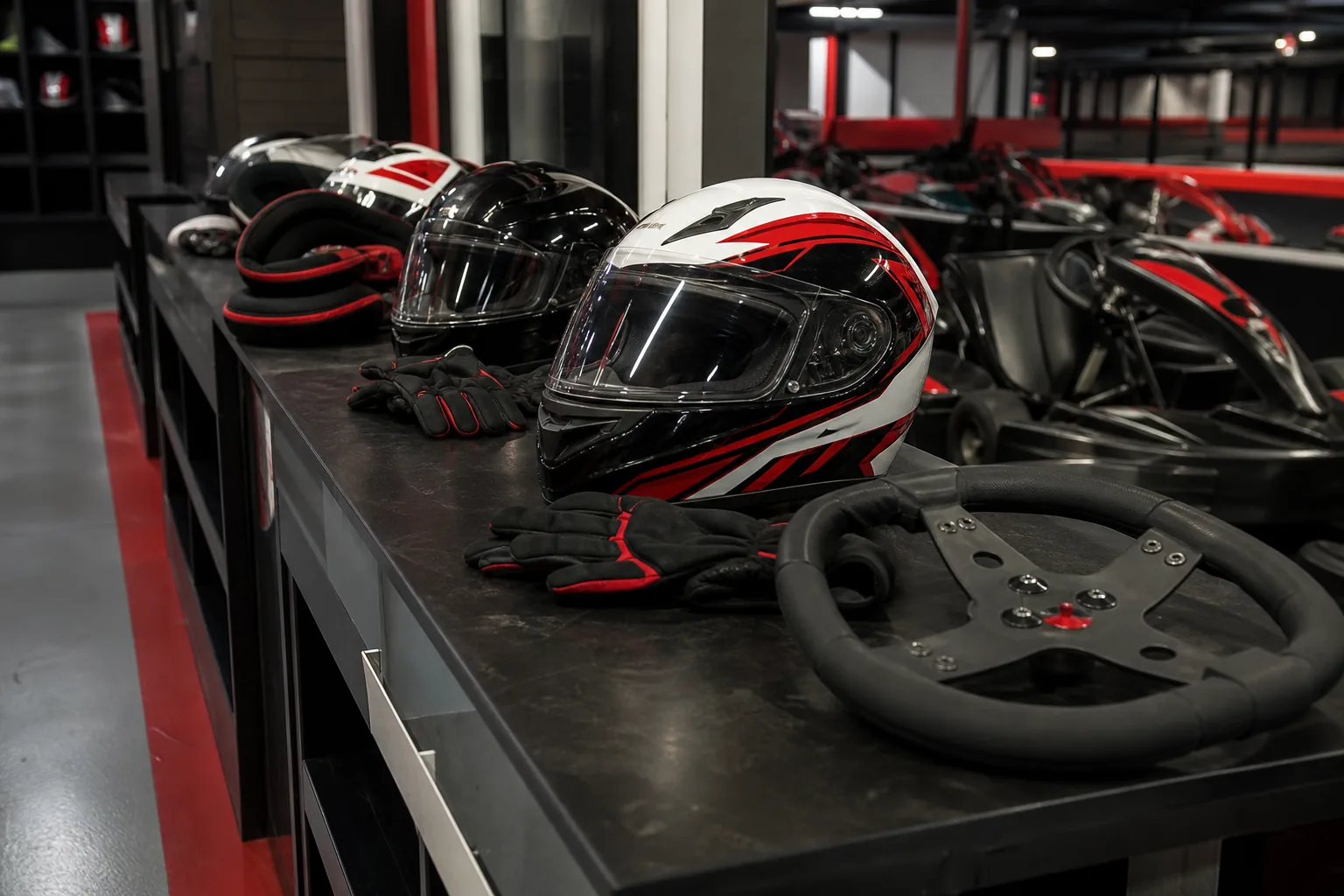 Apex Karting helmets, gloves and safety gear prepared for a Bushton race