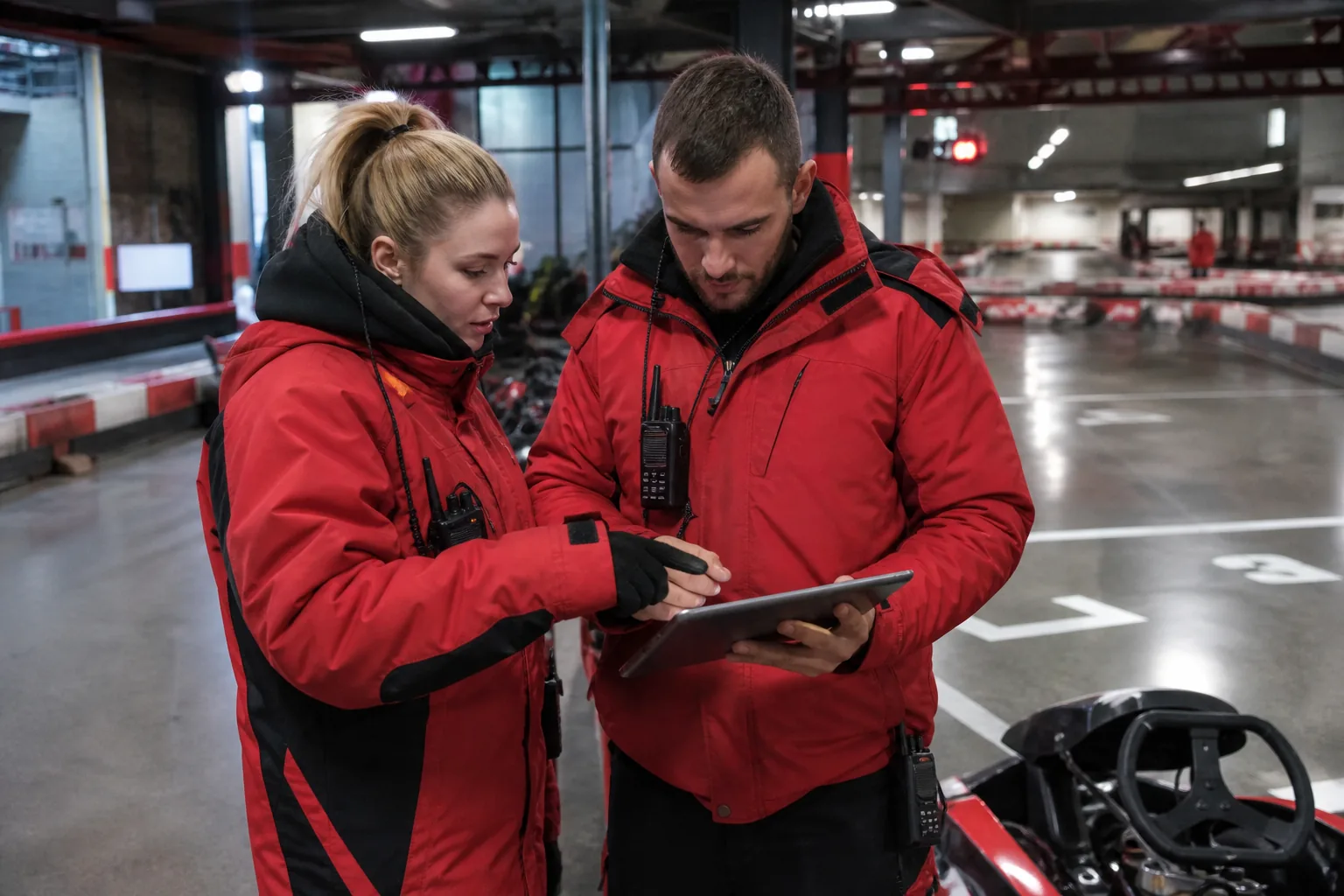 Apex Karting marshals reviewing race tasks before a session