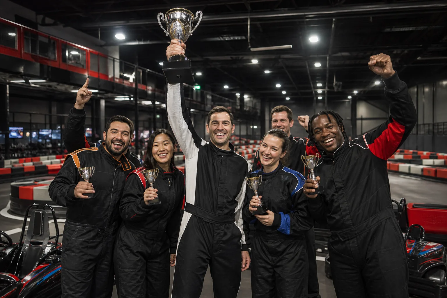 Corporate group celebrating after an Apex Karting indoor race